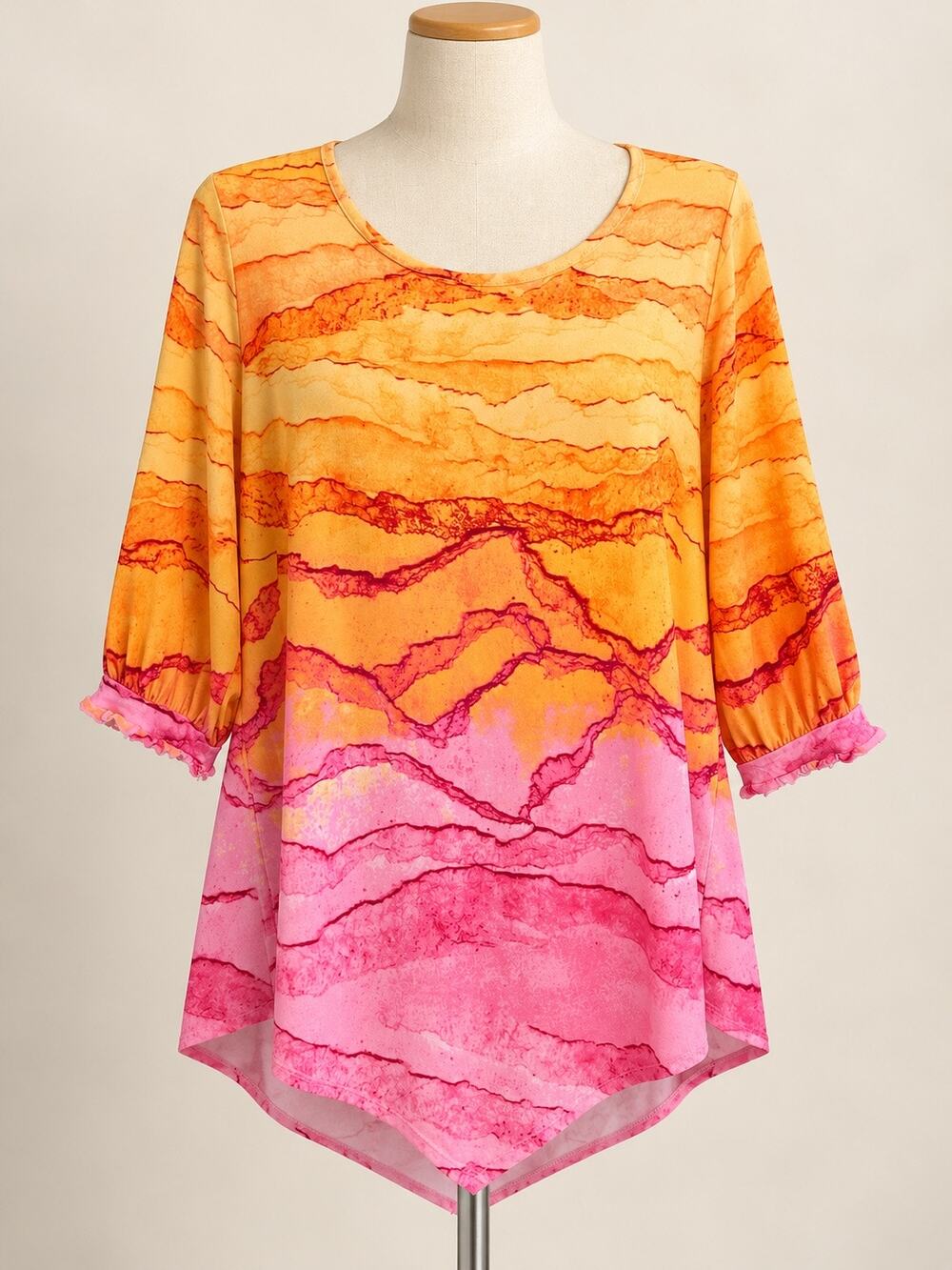 Alfani Womens Large Orange Pink Abstract Print 3/4 Sleeve Tunic Blouse